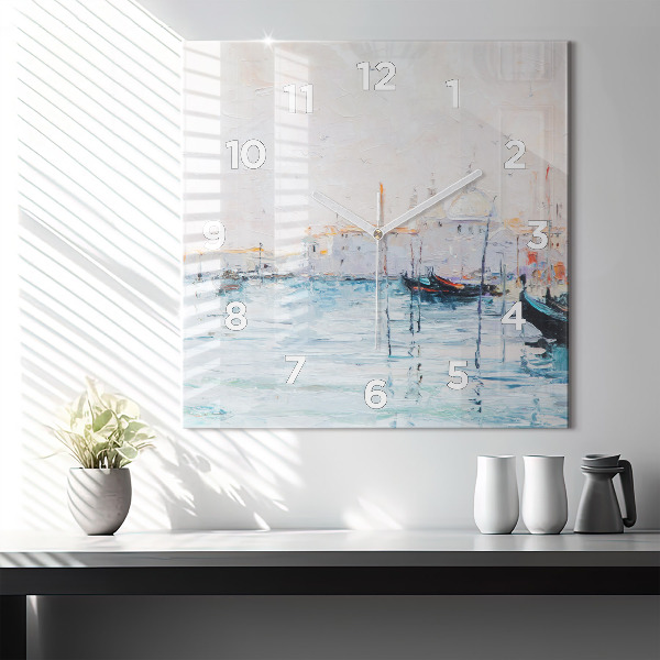 Ceas pătrat de perete din sticlă Pictură în ulei a unui iaht de mare