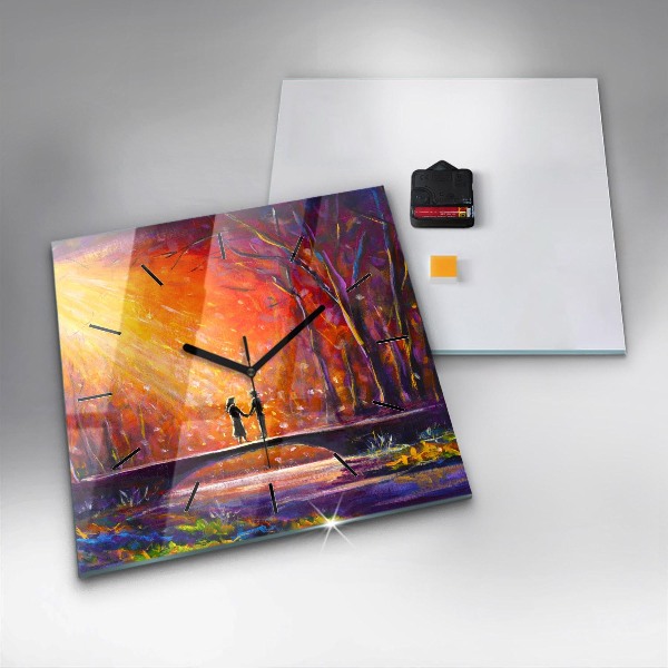 Ceas pătrat de perete din sticlă Cuplu în pădure