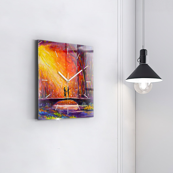 Ceas pătrat de perete din sticlă Cuplu în pădure