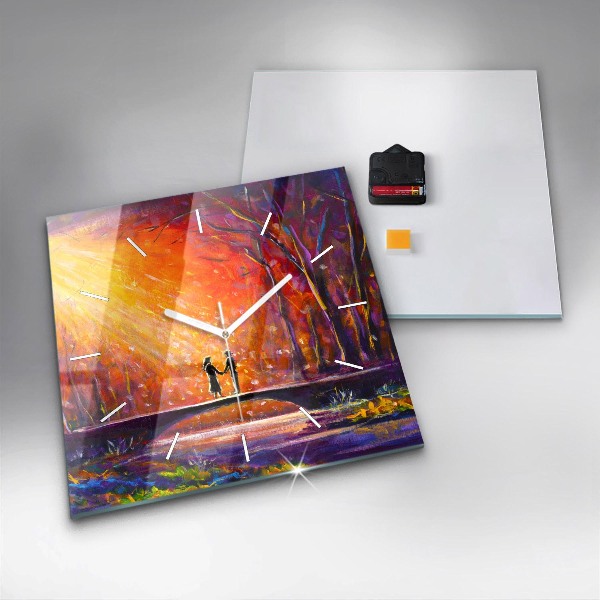 Ceas pătrat de perete din sticlă Cuplu în pădure