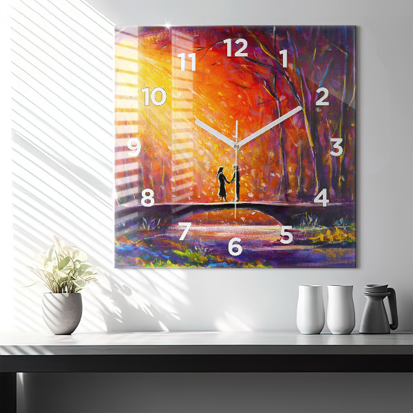 Ceas pătrat de perete din sticlă Cuplu în pădure