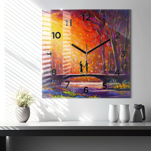 Ceas pătrat de perete din sticlă Cuplu în pădure