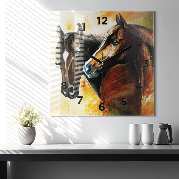 Ceas pătrat de perete din sticlă Doi cai pictați