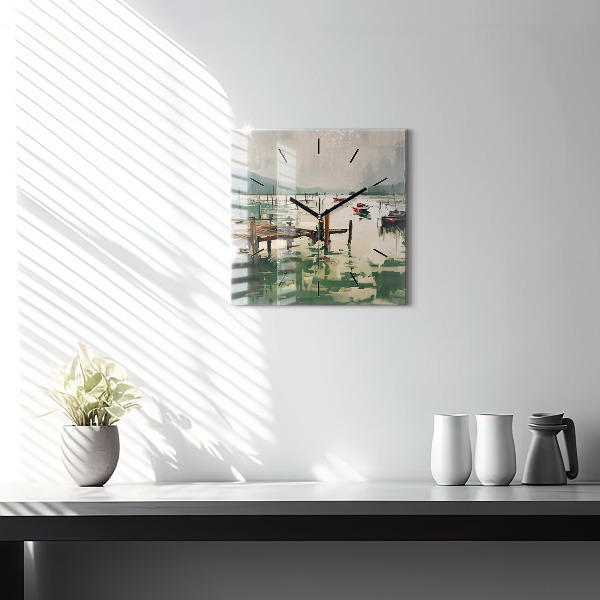 Ceas pătrat de perete din sticlă Barci de pescuit in port