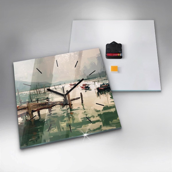 Ceas pătrat de perete din sticlă Barci de pescuit in port