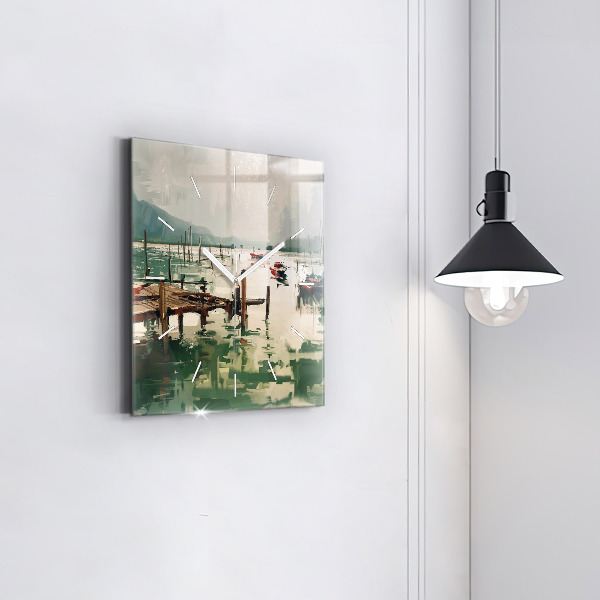 Ceas pătrat de perete din sticlă Barci de pescuit in port