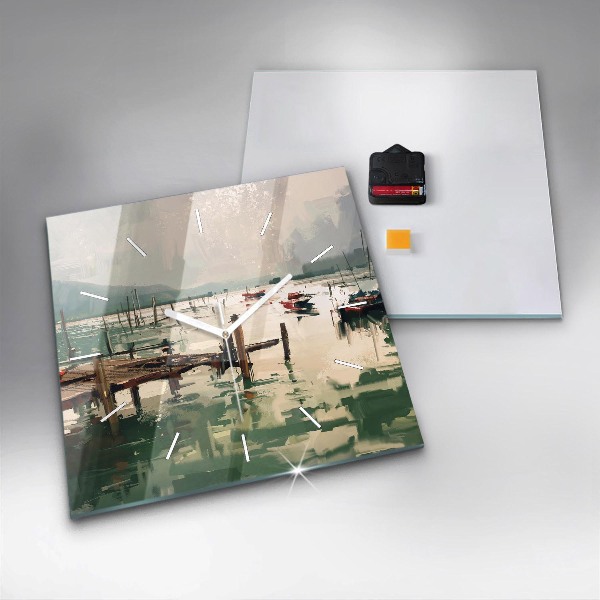 Ceas pătrat de perete din sticlă Barci de pescuit in port