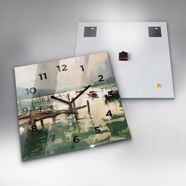 Ceas pătrat de perete din sticlă Barci de pescuit in port