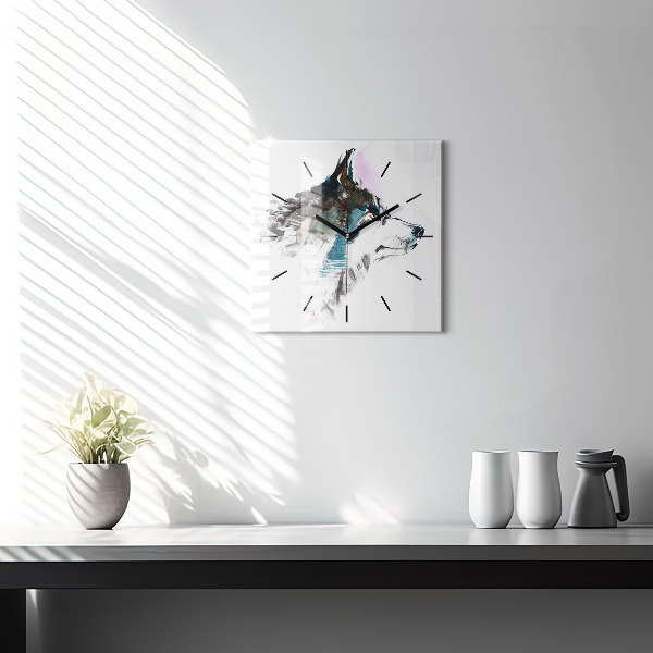 Ceas pătrat de perete din sticlă Profilul unui lup pictat