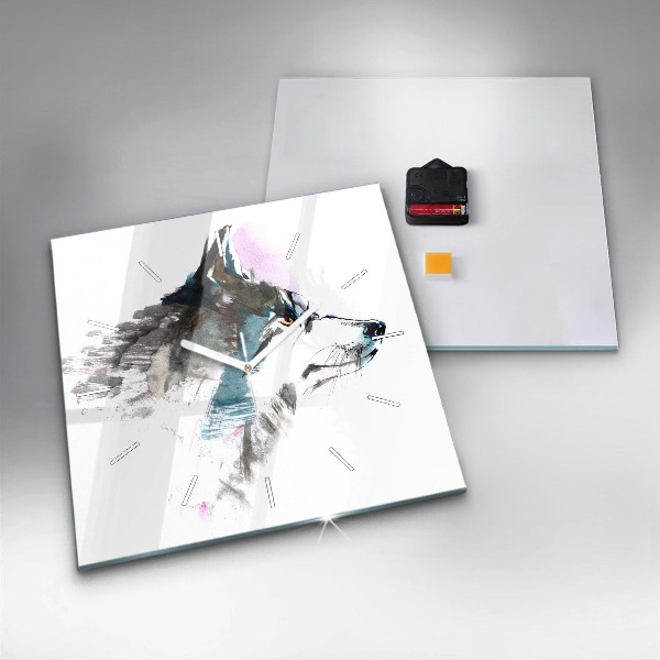 Ceas pătrat de perete din sticlă Profilul unui lup pictat