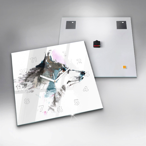 Ceas pătrat de perete din sticlă Profilul unui lup pictat