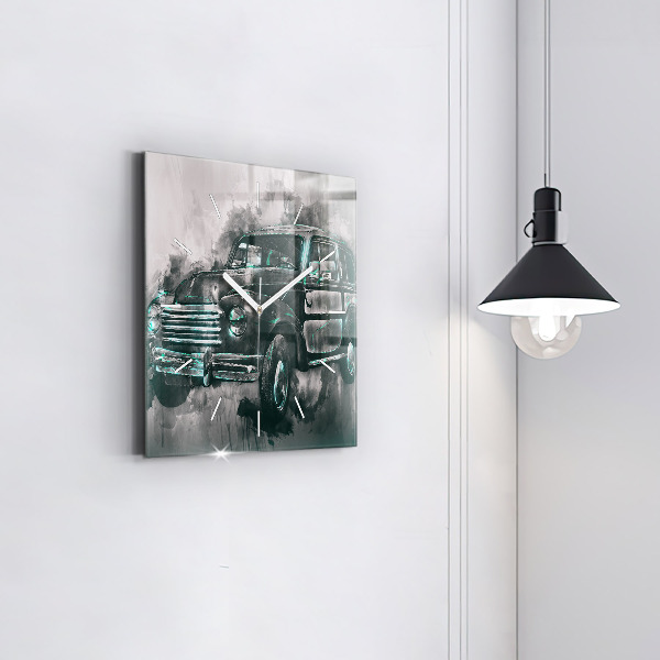 Ceas pătrat de perete din sticlă Mașină de școală veche