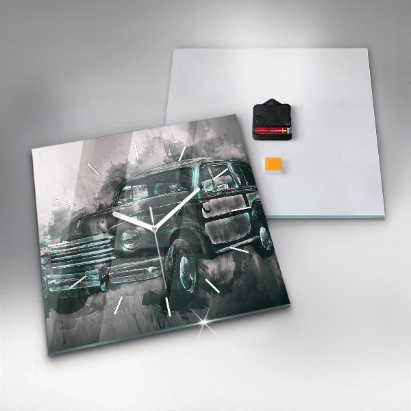 Ceas pătrat de perete din sticlă Mașină de școală veche