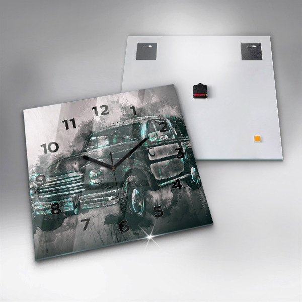 Ceas pătrat de perete din sticlă Mașină de școală veche