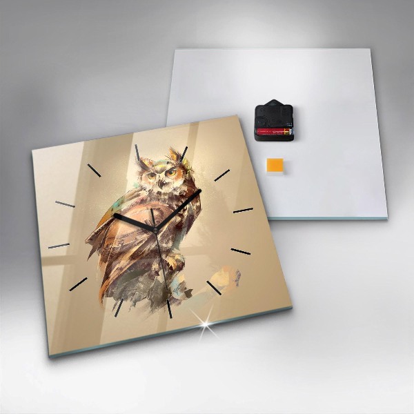 Ceas pătrat de perete din sticlă Bufniță - un semn de înțelepciune