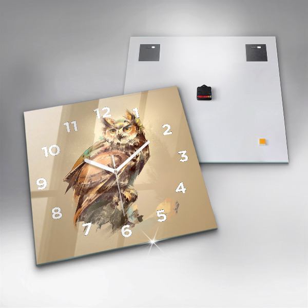 Ceas pătrat de perete din sticlă Bufniță - un semn de înțelepciune
