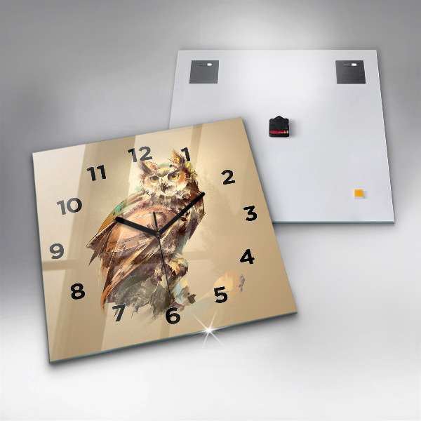Ceas pătrat de perete din sticlă Bufniță - un semn de înțelepciune