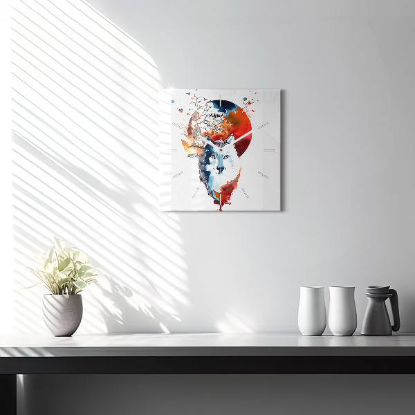 Ceas pătrat de perete din sticlă Lupul și Luna Plină