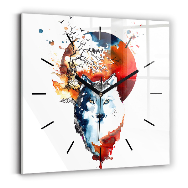 Ceas pătrat de perete din sticlă Lupul și Luna Plină