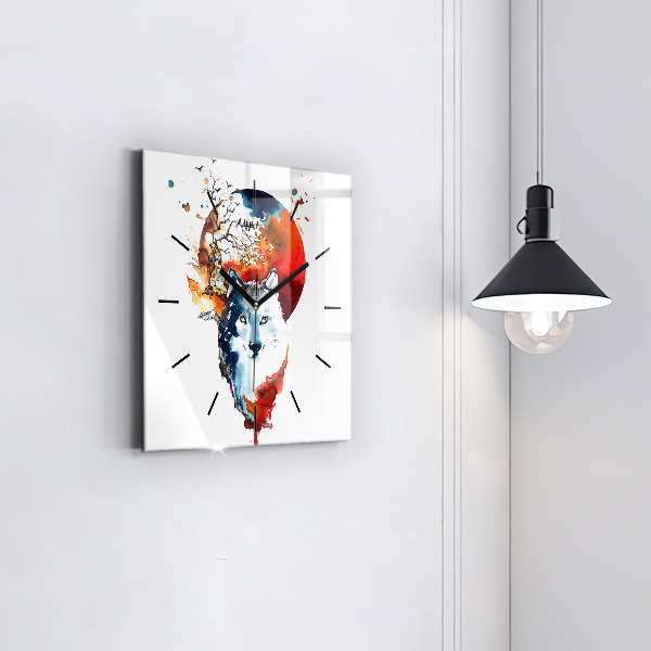 Ceas pătrat de perete din sticlă Lupul și Luna Plină