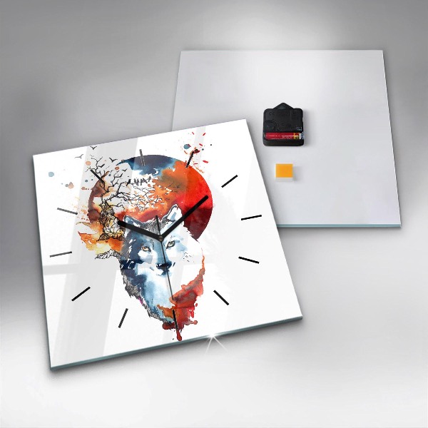 Ceas pătrat de perete din sticlă Lupul și Luna Plină