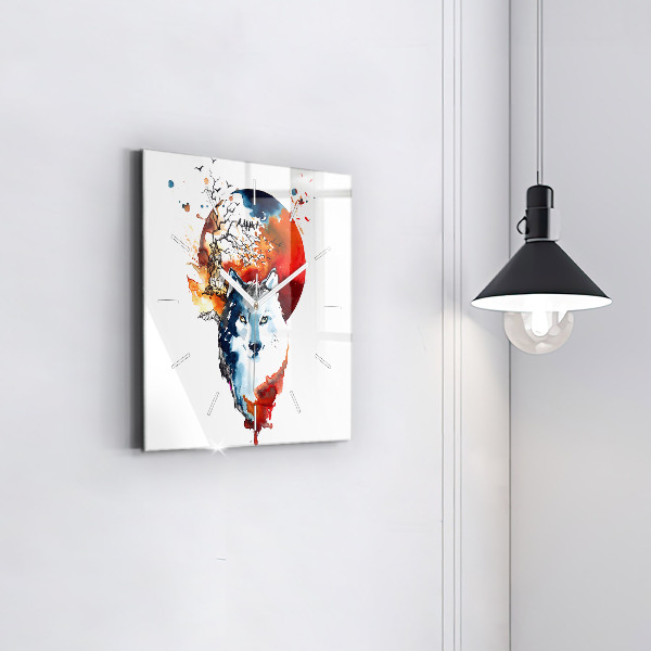 Ceas pătrat de perete din sticlă Lupul și Luna Plină