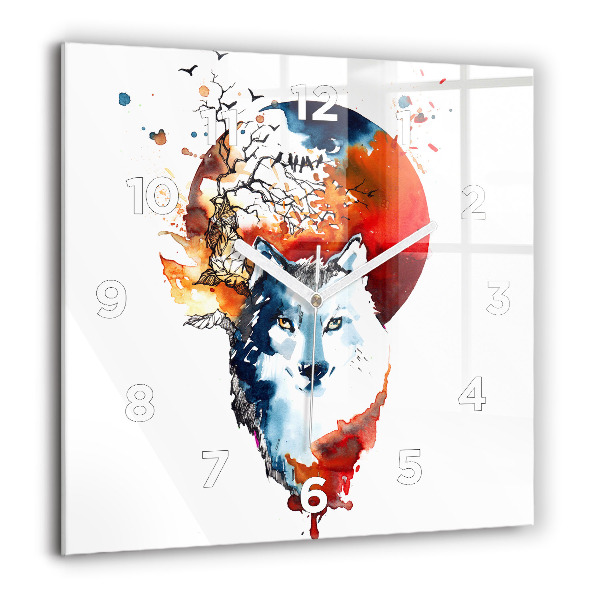 Ceas pătrat de perete din sticlă Lupul și Luna Plină