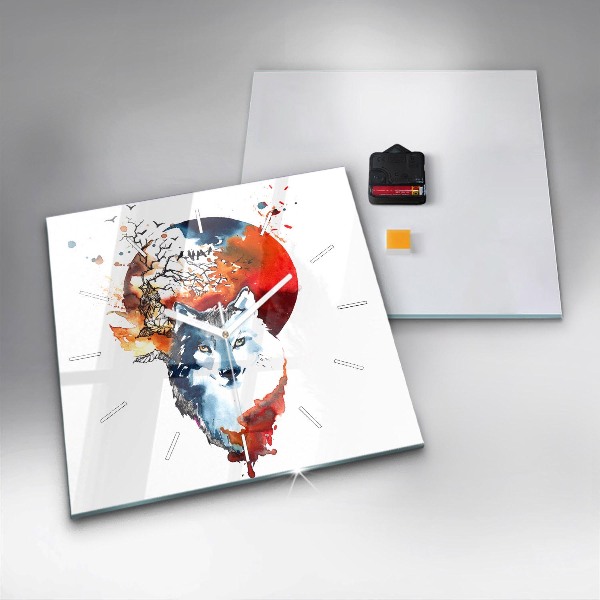 Ceas pătrat de perete din sticlă Lupul și Luna Plină