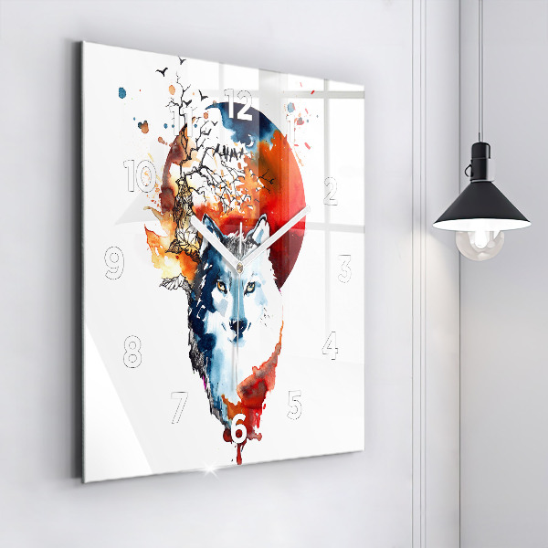 Ceas pătrat de perete din sticlă Lupul și Luna Plină