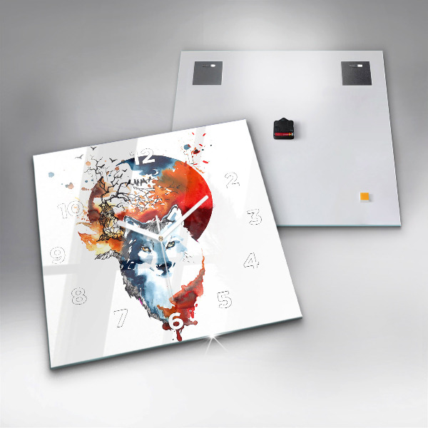 Ceas pătrat de perete din sticlă Lupul și Luna Plină