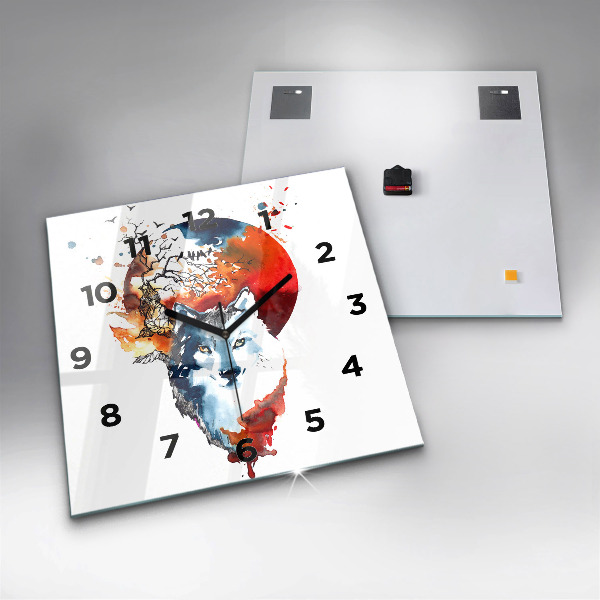 Ceas pătrat de perete din sticlă Lupul și Luna Plină