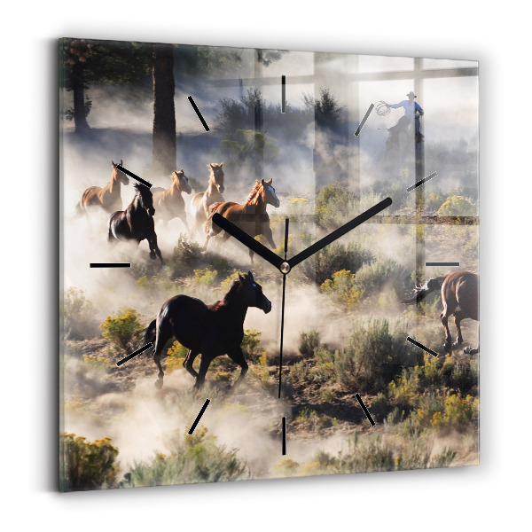 Ceas pătrat de perete din sticlă O turmă de cai grăbiți