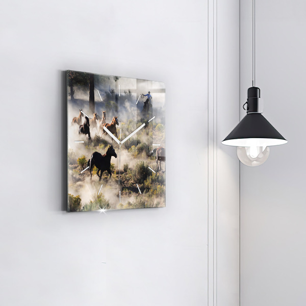 Ceas pătrat de perete din sticlă O turmă de cai grăbiți