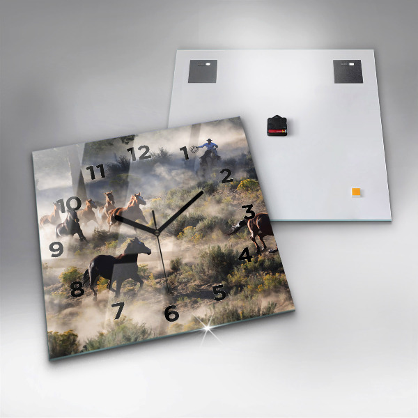 Ceas pătrat de perete din sticlă O turmă de cai grăbiți