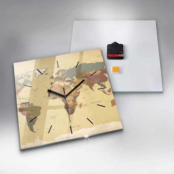 Ceas pătrat de perete din sticlă Harta lumii în stil vintage