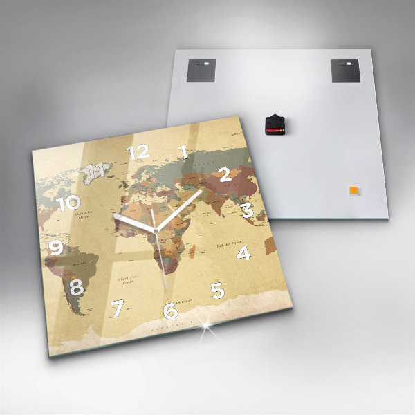 Ceas pătrat de perete din sticlă Harta lumii în stil vintage