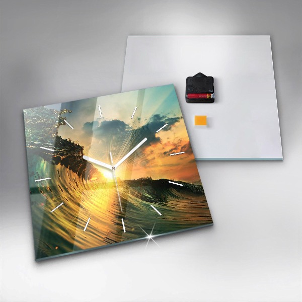 Ceas pătrat de perete din sticlă Perspectiva valurilor apusului