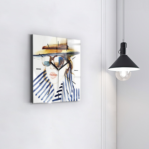 Ceas pătrat de perete din sticlă Față cu ochelari și pălărie