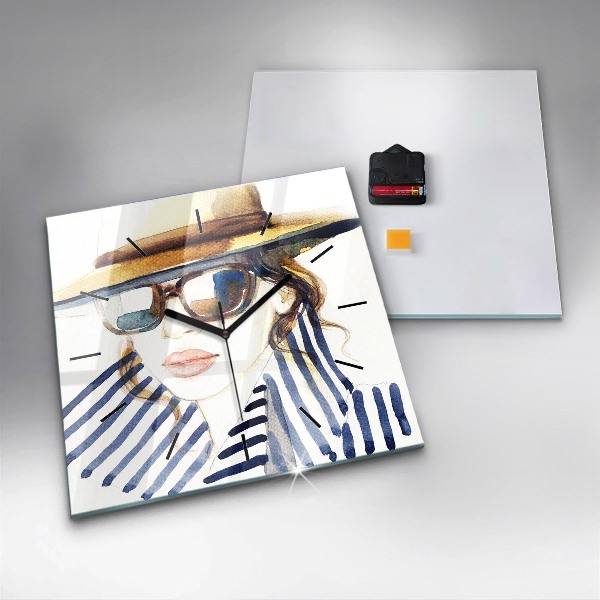 Ceas pătrat de perete din sticlă Față cu ochelari și pălărie