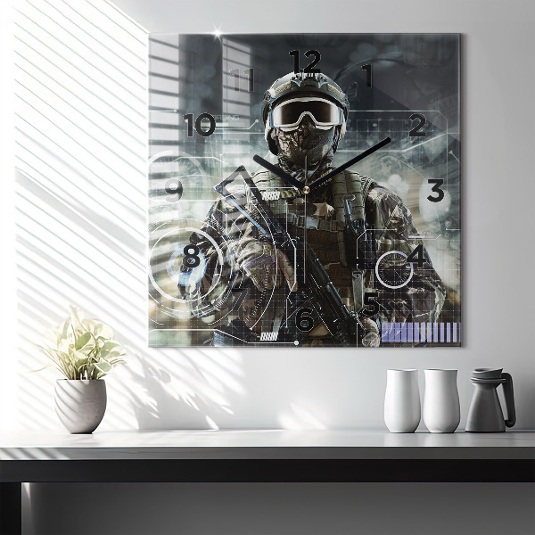 Ceas pătrat de perete din sticlă Soldat cu o armă
