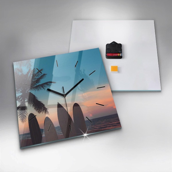 Ceas pătrat de perete din sticlă Surfing pe plajă