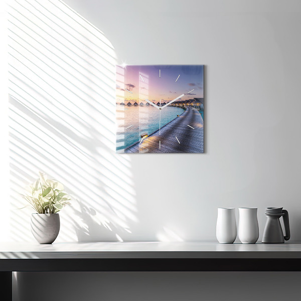 Ceas pătrat de perete din sticlă Apus de soare din Maldive