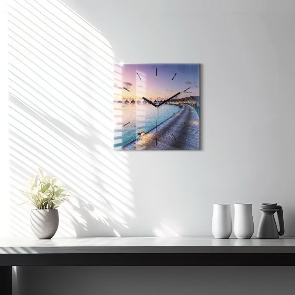 Ceas pătrat de perete din sticlă Apus de soare din Maldive