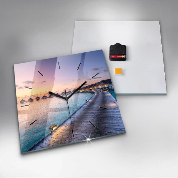 Ceas pătrat de perete din sticlă Apus de soare din Maldive