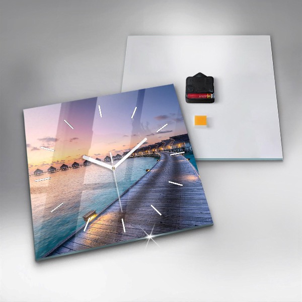 Ceas pătrat de perete din sticlă Apus de soare din Maldive