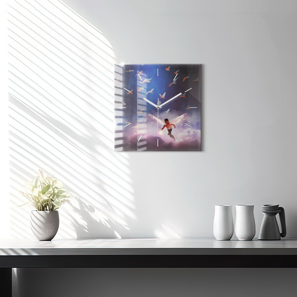 Ceas pătrat de perete din sticlă Băiat cu aripi