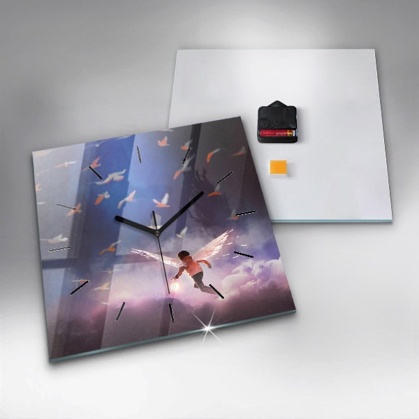 Ceas pătrat de perete din sticlă Băiat cu aripi