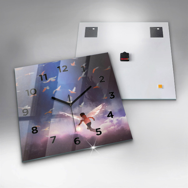 Ceas pătrat de perete din sticlă Băiat cu aripi