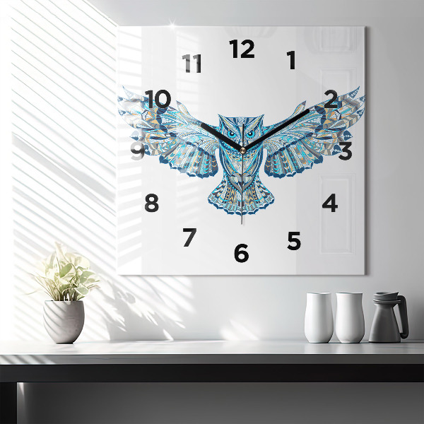 Ceas pătrat de perete din sticlă Bufniță în zbor