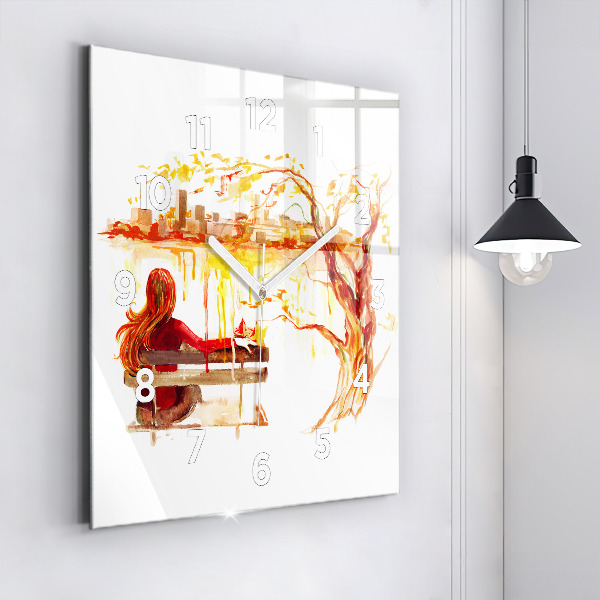 Ceas pătrat de perete din sticlă Peisaj de toamnă